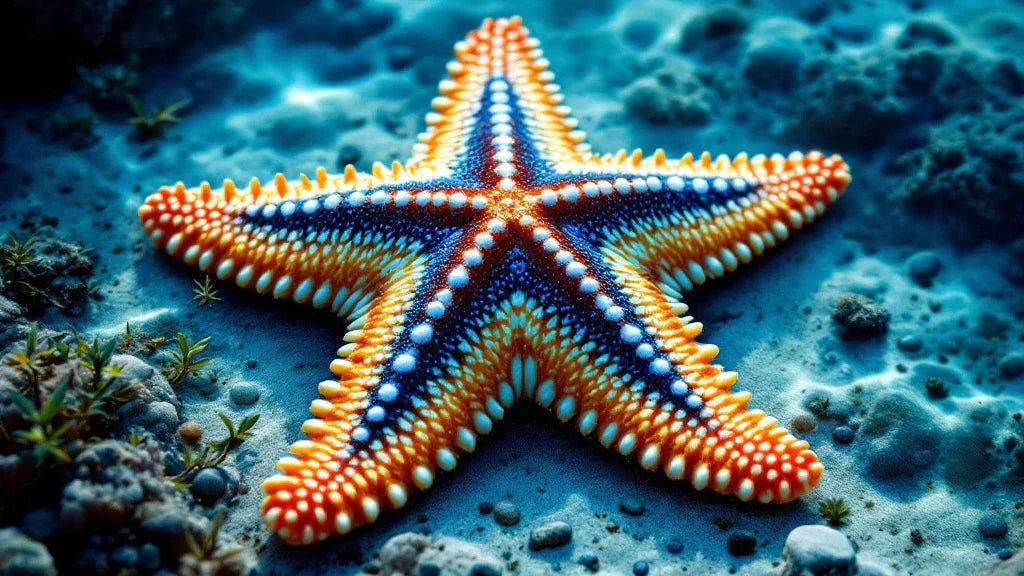 Brightly colored starfish on the ocean floor, symbolizing renewal, resilience, and celestial guidance.