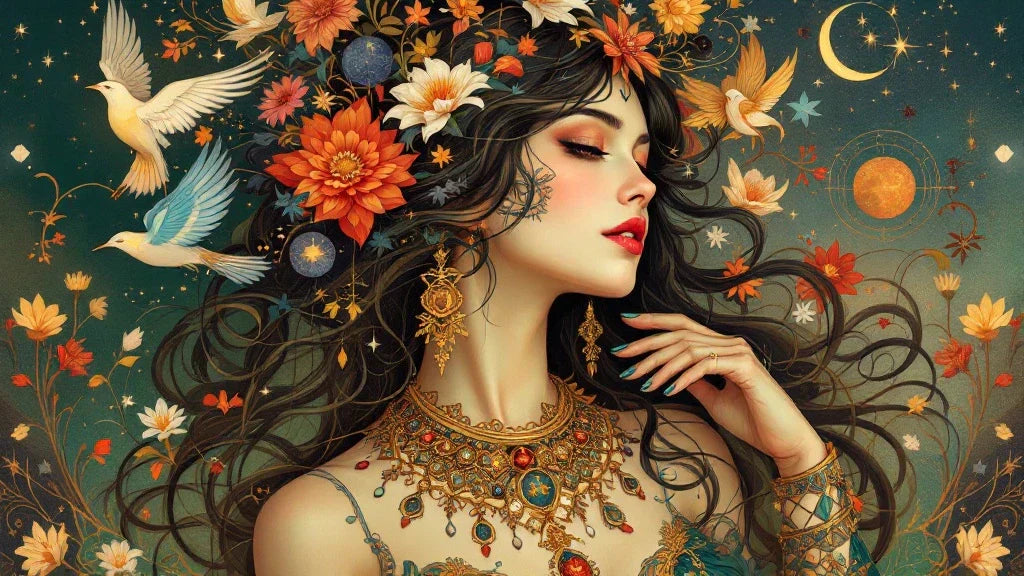 Illustration of a symbolic jewellery goddess wearing celestial and floral-themed gold necklace, surrounded by birds, stars, and the moon — representing the history of jewellery symbolism