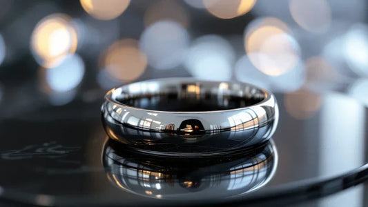 Rhodium-plated silver band ring with a high-polish finish, reflecting soft bokeh lighting on a black surface
