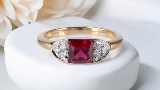 Ethical lab ruby jewellery ring with ruby and lab diamond accents
