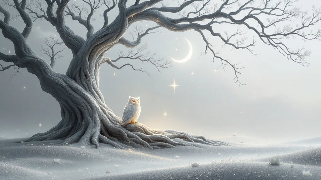 ilver-toned mystical landscape featuring an owl beneath the Tree of Life, with crescent moon and North Star glowing in a night sk