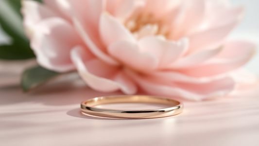 Sterling silver jewellery band photographed on soft pink surface with a blooming flower in the background – styled for UK jewellery guide