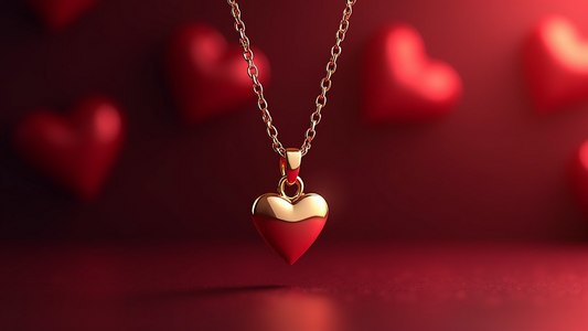 a gold heart necklace surrounded by red hearts to celebrtate valentines day