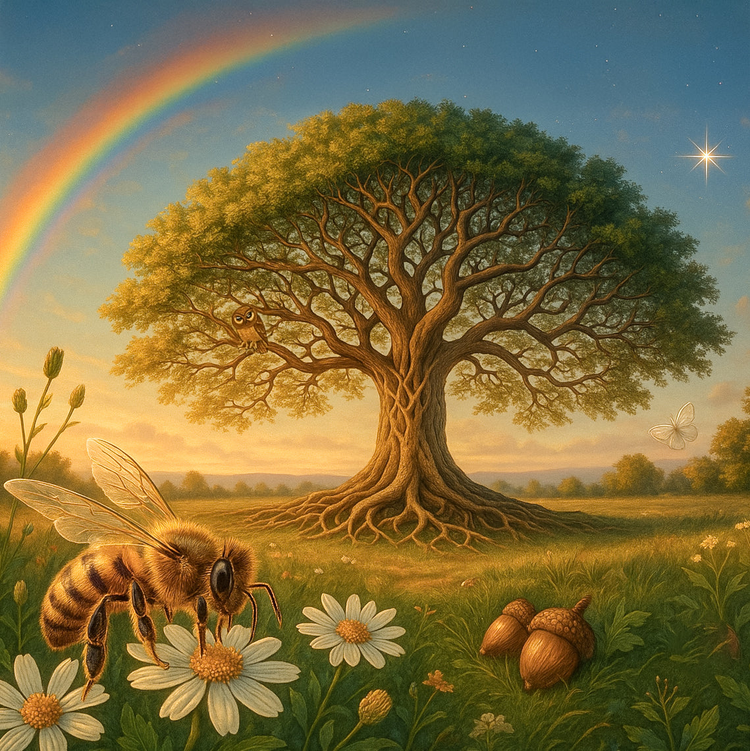Jewellery symbolism collection featuring bee symbolism, north star meaning, tree of life and rainbow spiritual meaning in natural landscape