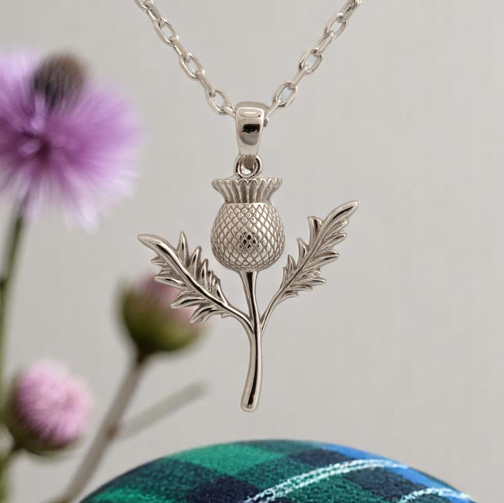 Sterling silver thistle necklace pendant with Scottish tartan and real thistle flower in background