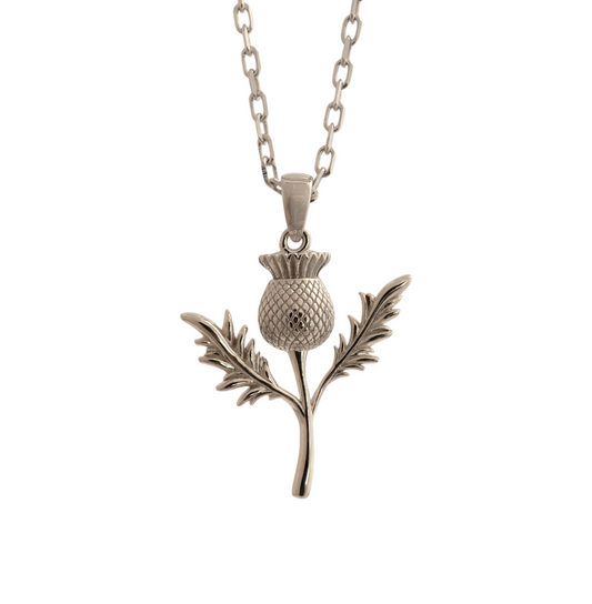Front-on view of sterling silver thistle necklace on white background
