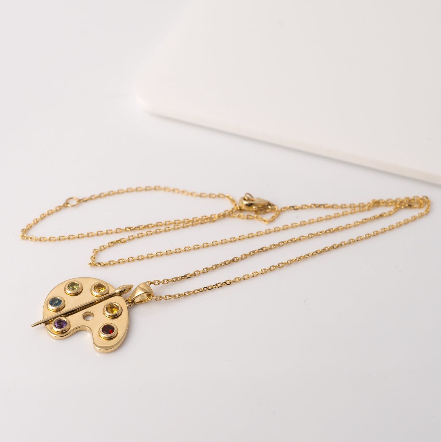 Gold artist palette pendant with adjustable chain, 16-18 inches