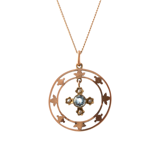 Antique aquamarine necklace with floral gold pendant
