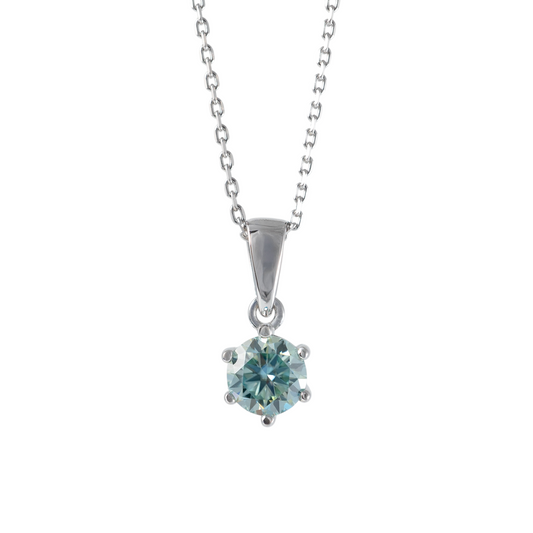 Blue moissanite necklace in sterling silver on chain