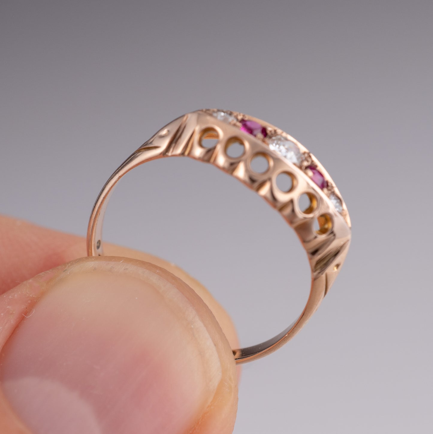 Antique 18k Rose Gold Ruby Diamond Boat Ring Chester 1916 - Hunters Fine Jewellery