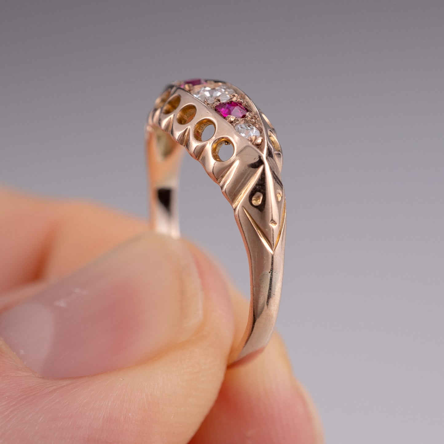 Antique 18k Rose Gold Ruby Diamond Boat Ring Chester 1916 - Hunters Fine Jewellery