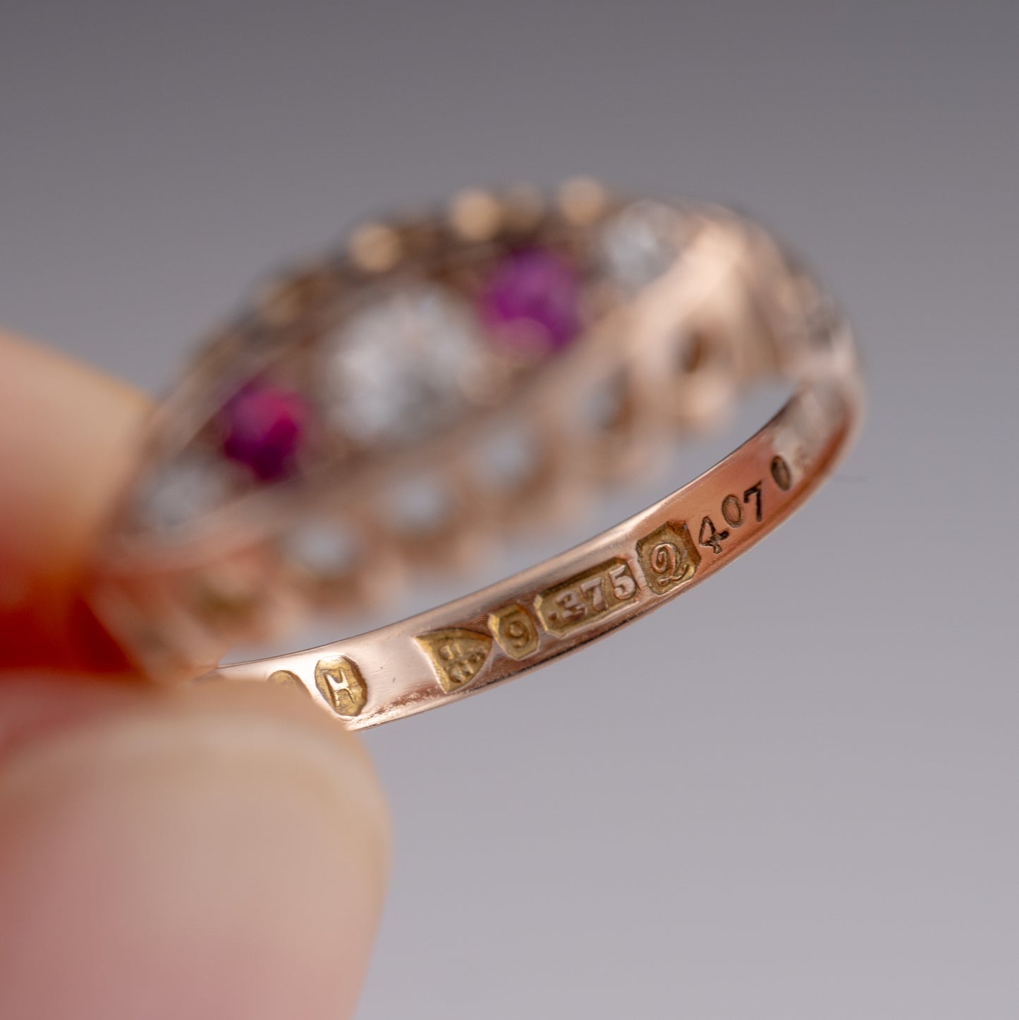 Antique 18k Rose Gold Ruby Diamond Boat Ring Chester 1916 - Hunters Fine Jewellery