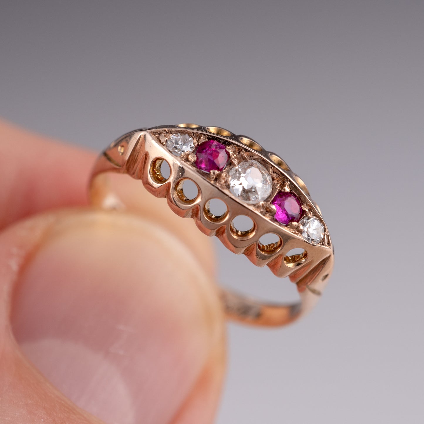 Antique 18k Rose Gold Ruby Diamond Boat Ring Chester 1916 - Hunters Fine Jewellery