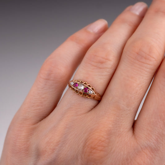 Antique 18k Rose Gold Ruby Diamond Boat Ring Chester 1916 - Hunters Fine Jewellery