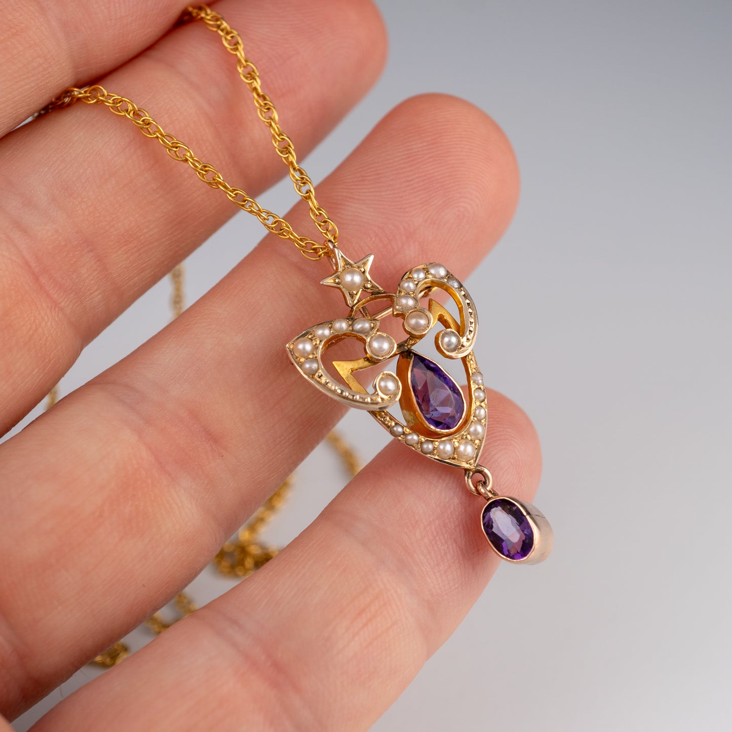 Antique 9ct Gold Amethyst & Pearl Pendant Brooch - Hunters Fine Jewellery