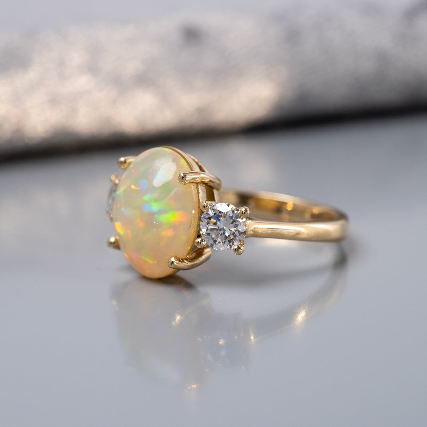 Opal Diamond Three Stone Ring 9ct Yellow Gold Hallmarked - Hunters Fine Jewellery