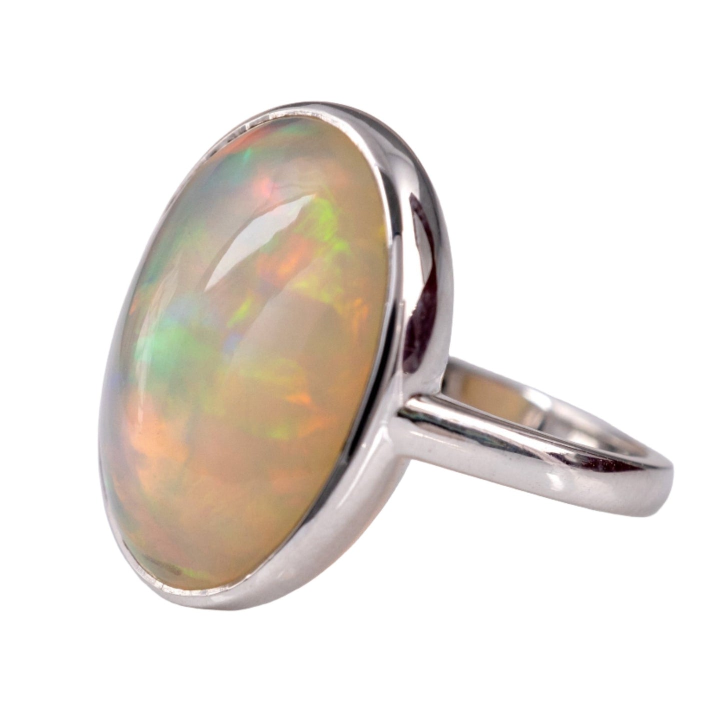 Rainbow Opal Solitaire Ring 18k White Gold Hallmarked - Hunters Fine Jewellery