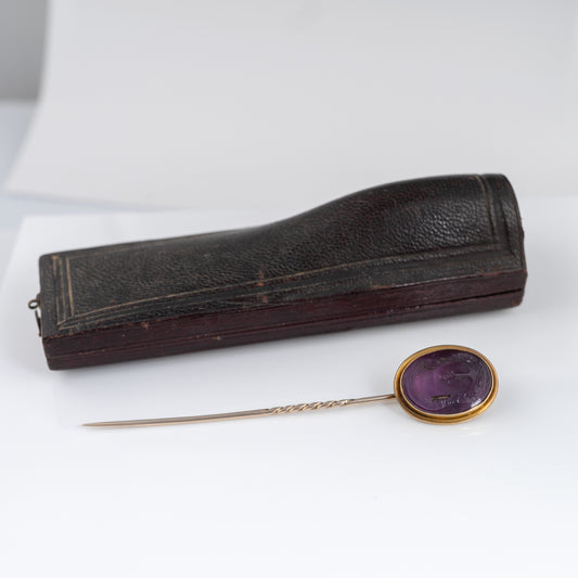 Antique Georgian Carved Amethyst Cameo Portrait Pin 14k Gold