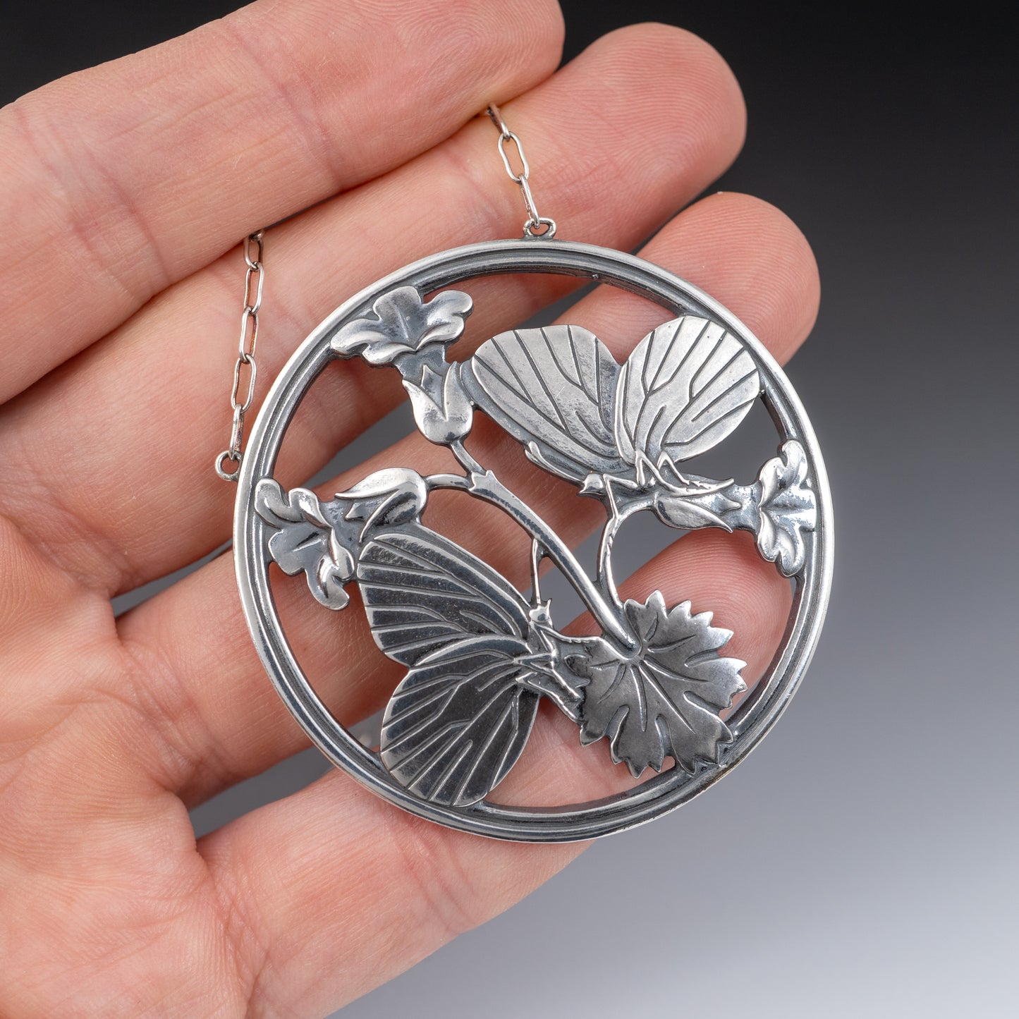Vintage Silver Midnight Blossom Butterfly Pendant Circa 1940