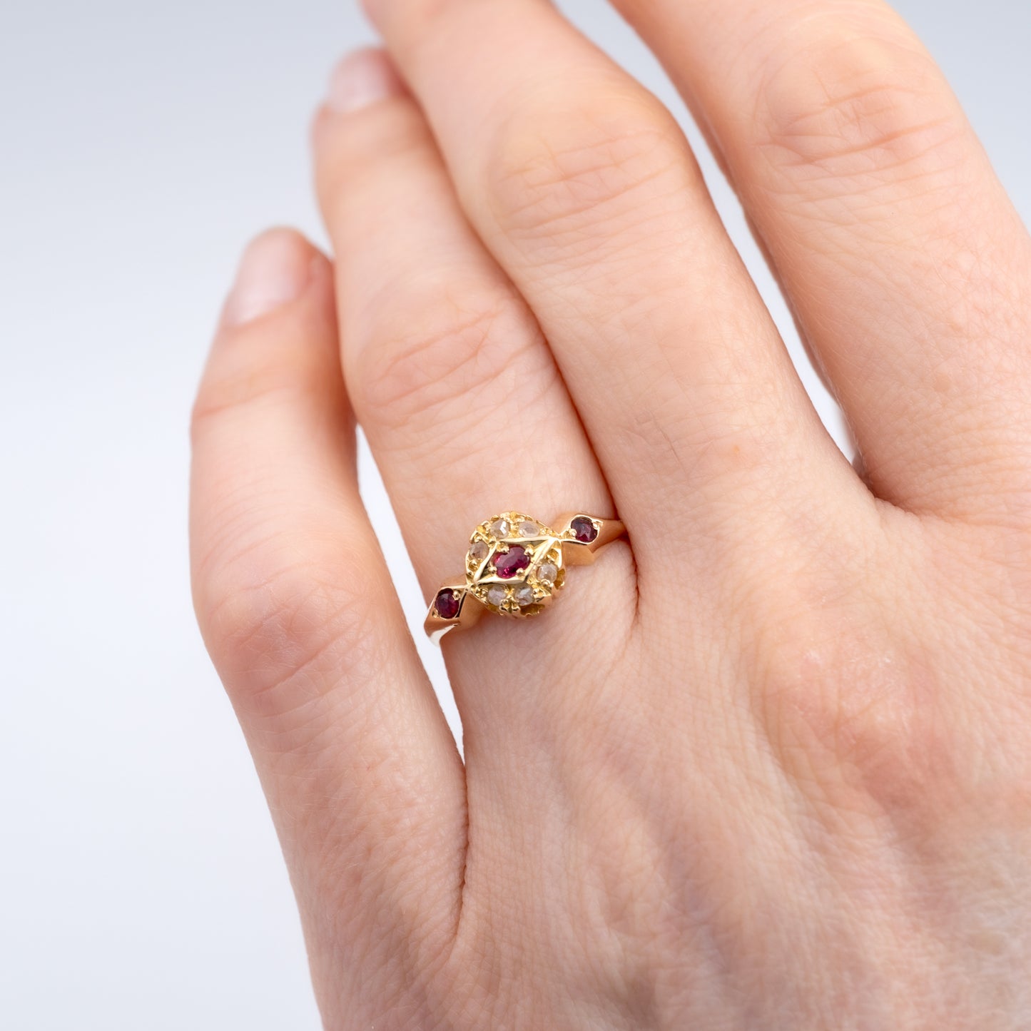 Antique 18ct Yellow Gold Ruby Diamond Ring Size M