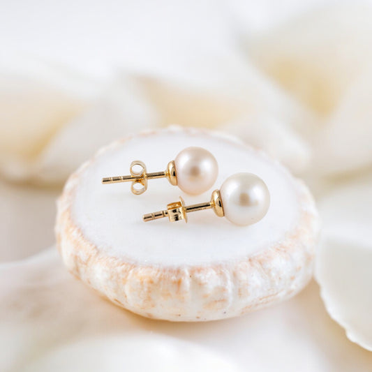 Freshwater pearl studs earrings yellow gold butterfly posts hunters fine jewellery