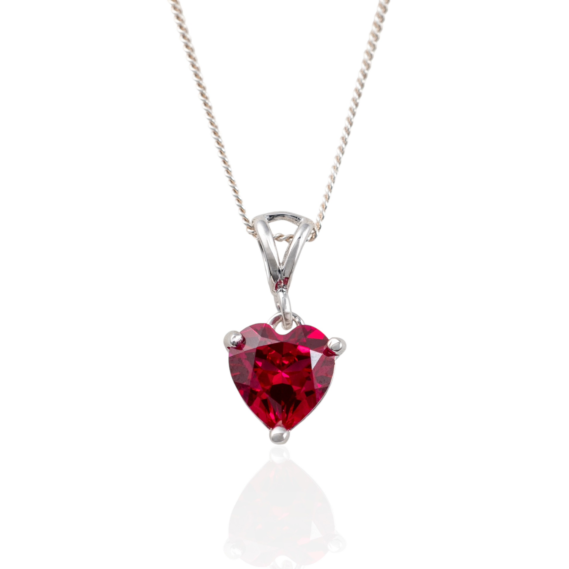 Front view of lab-grown ruby necklace with heart gemstone in sterling silver