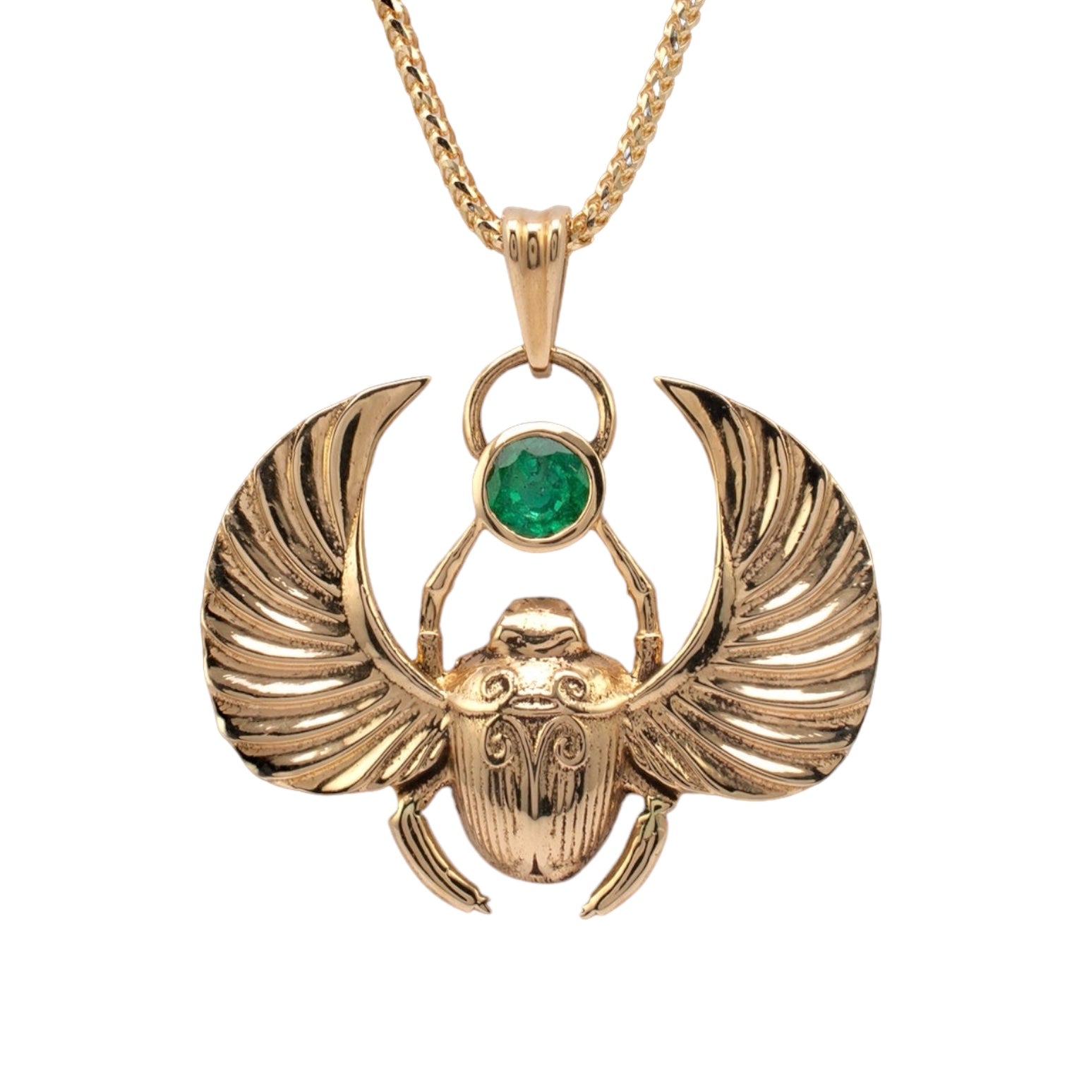 Front view of 18K gold winged scarab beetle necklace with lab-grown emerald