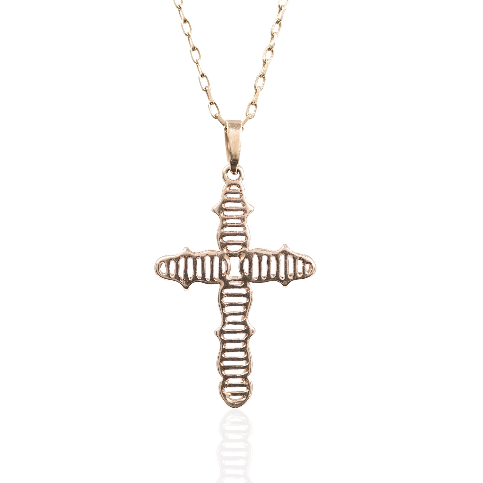 Front view of 9ct gold crucifix pendant with cable chain
