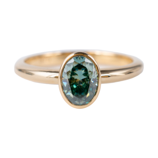 Teal moissanite ring oval yellow gold hunters fine jewellery 