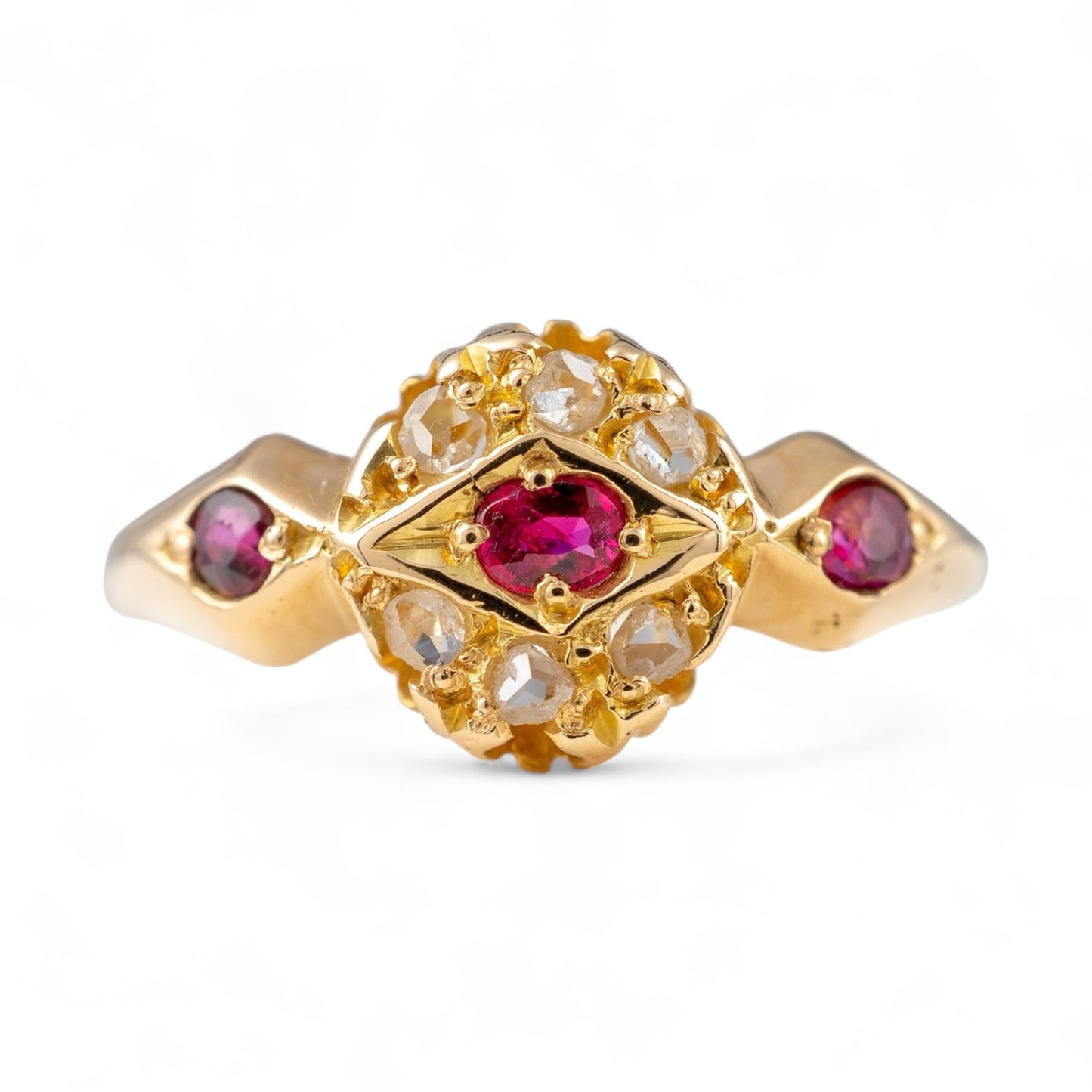 Antique Ruby diamond cluster ring front hunters fine jewellery