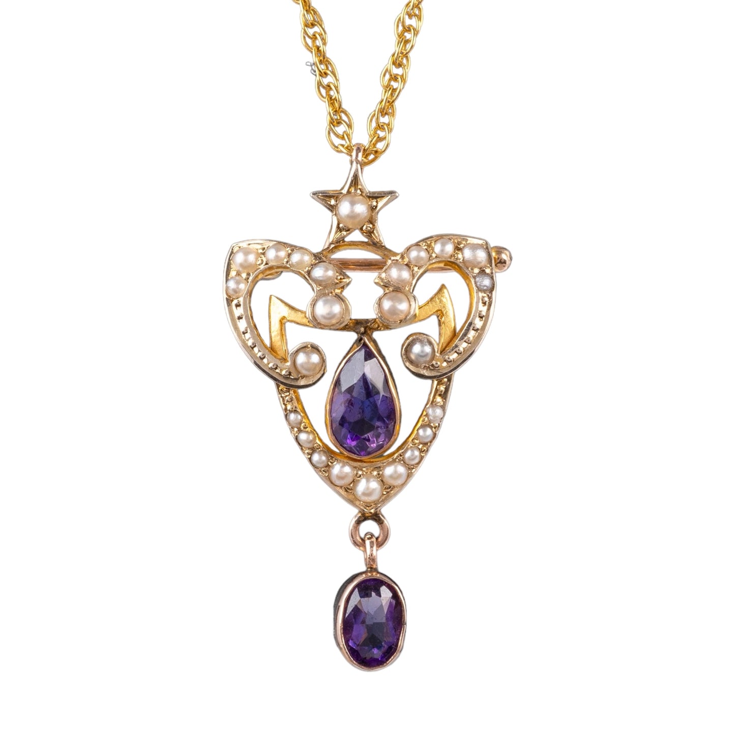 Antique amethyst pearl lavalier pendant gold hunters fine jewellery