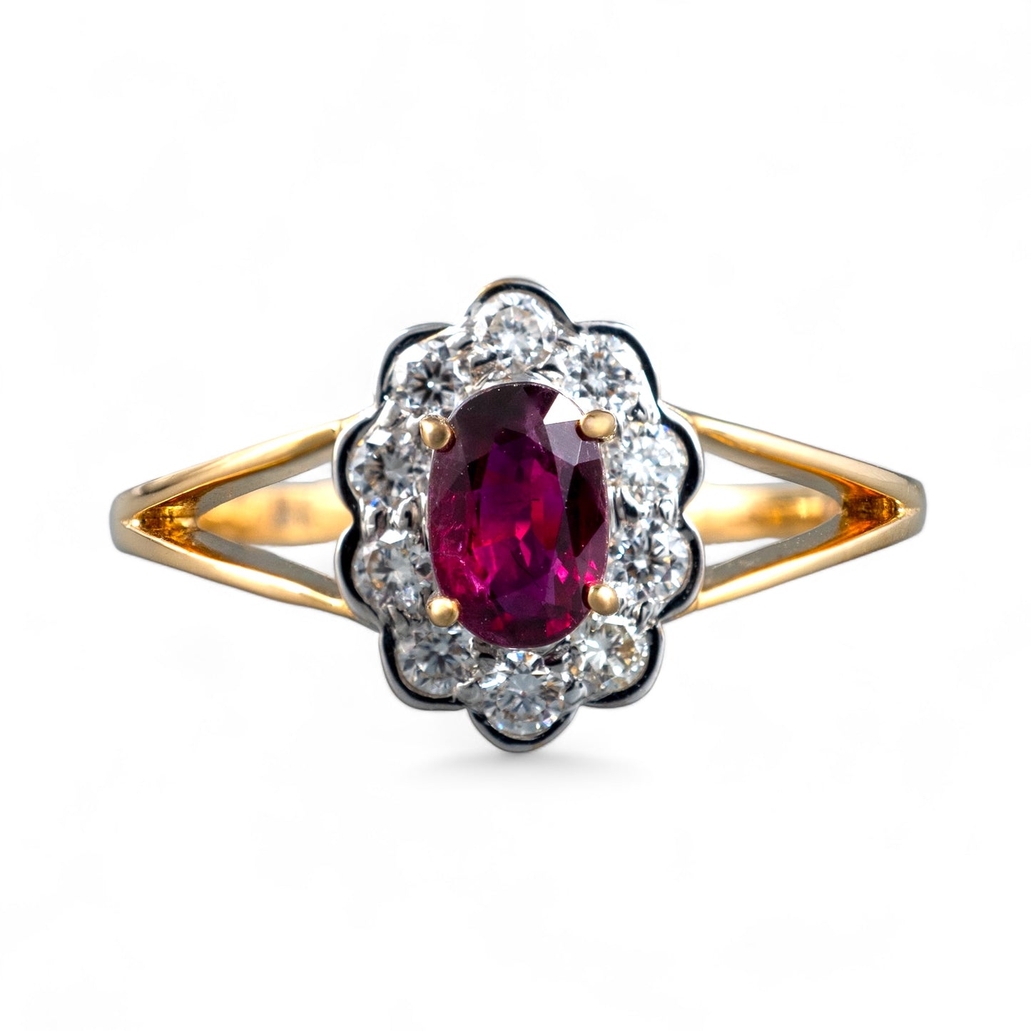 Ruby ring diamond halo yellow gold split shoulders hunters fine jewellery