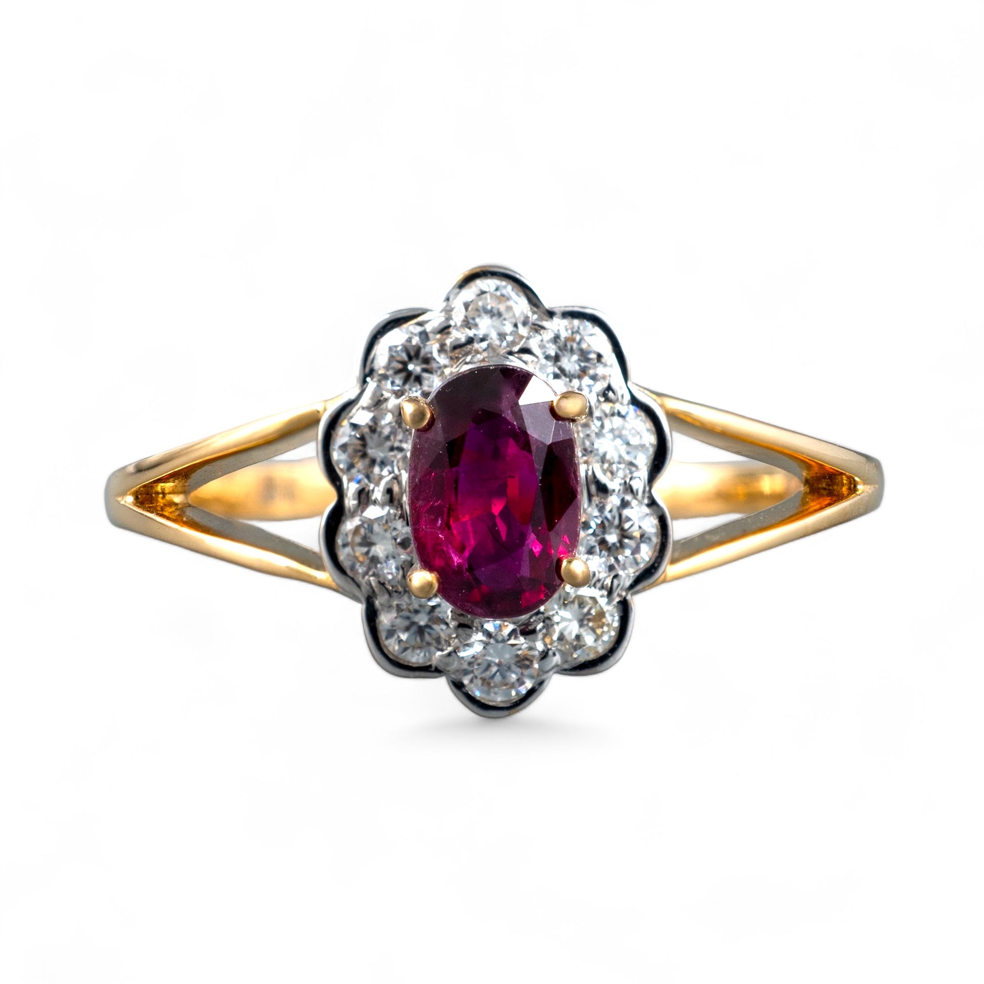 Ruby ring diamond halo yellow gold split shoulders hunters fine jewellery