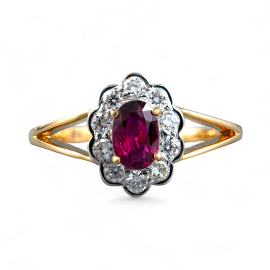 Ruby ring diamond halo yellow gold split shoulders hunters fine jewellery