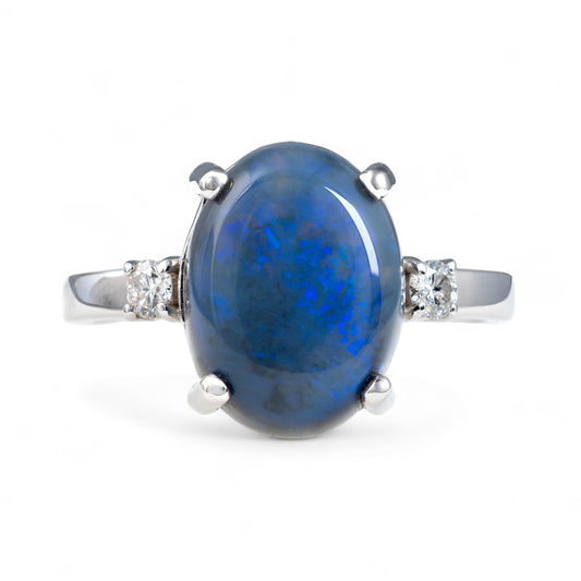 Australian blue opal ring diamond three stone white gold hunters fine jewellery