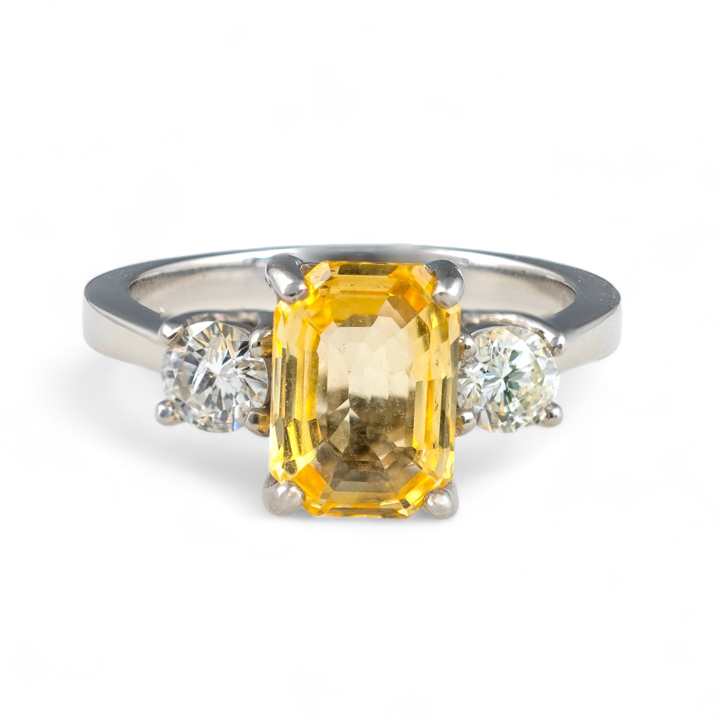Unheated Yellow sapphire ring diamond accents three stone platinum shank