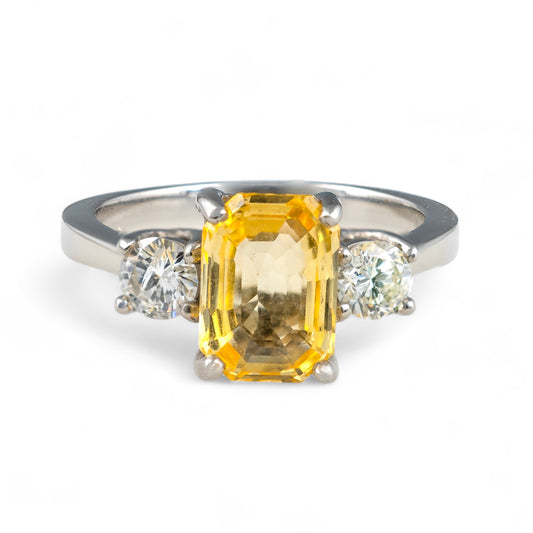 Unheated Yellow sapphire ring diamond accents three stone platinum shank