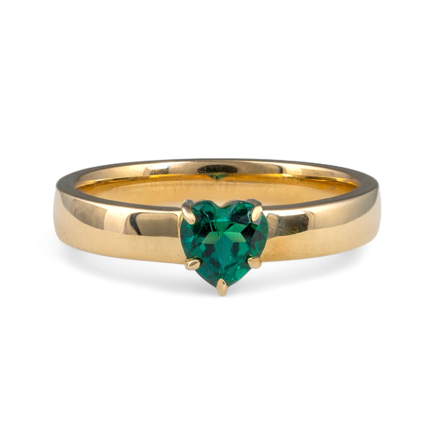 Emerald heart ring yellow gold solitaire chunky band hunters fine jewellery