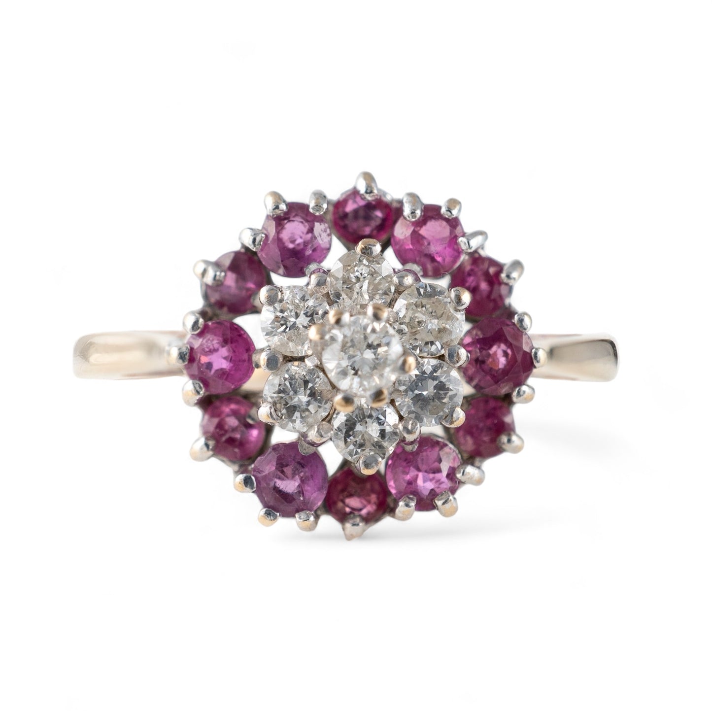 vintage ruby ring with diamond flower cluster