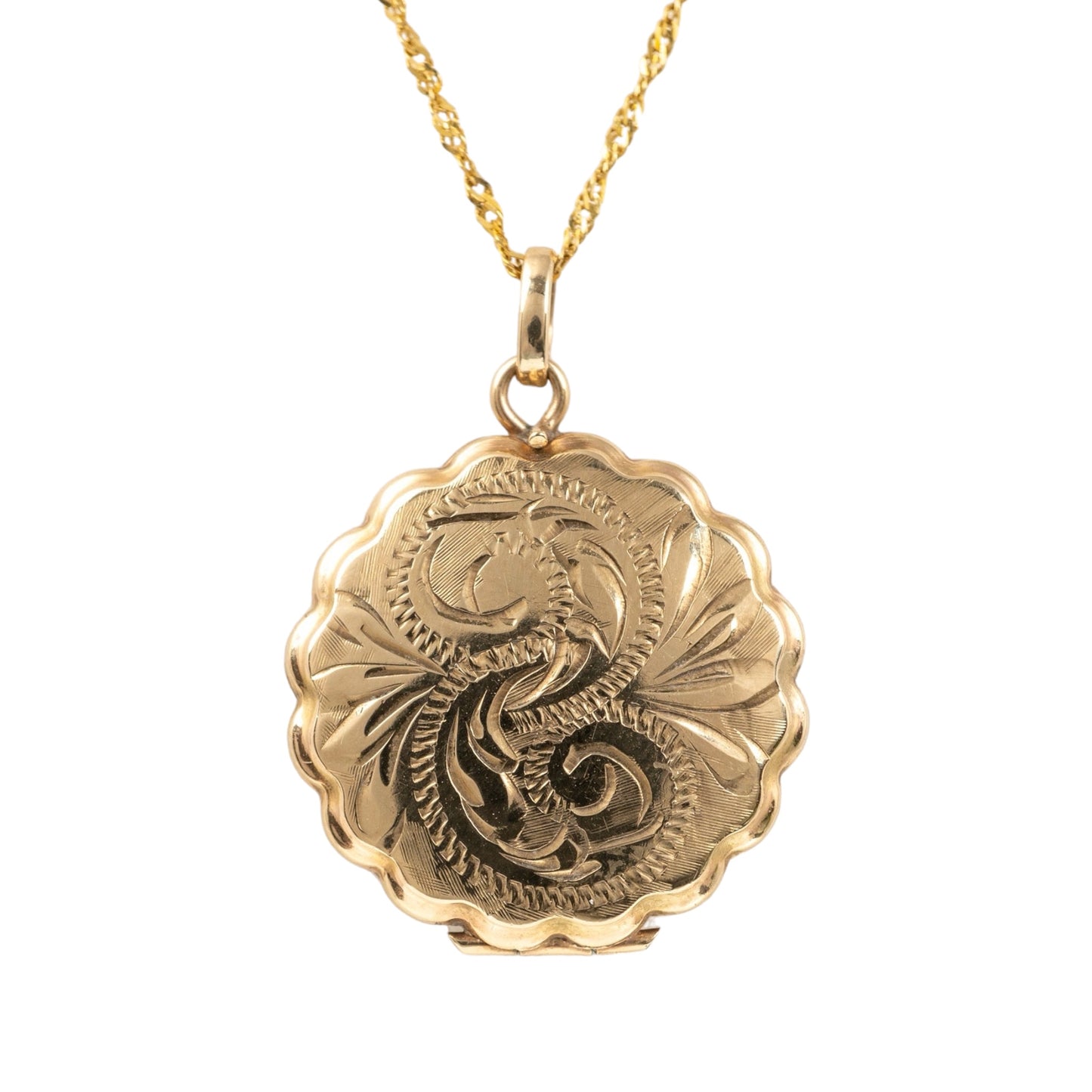 Gold locket necklace scroll front hunters fine jewellery