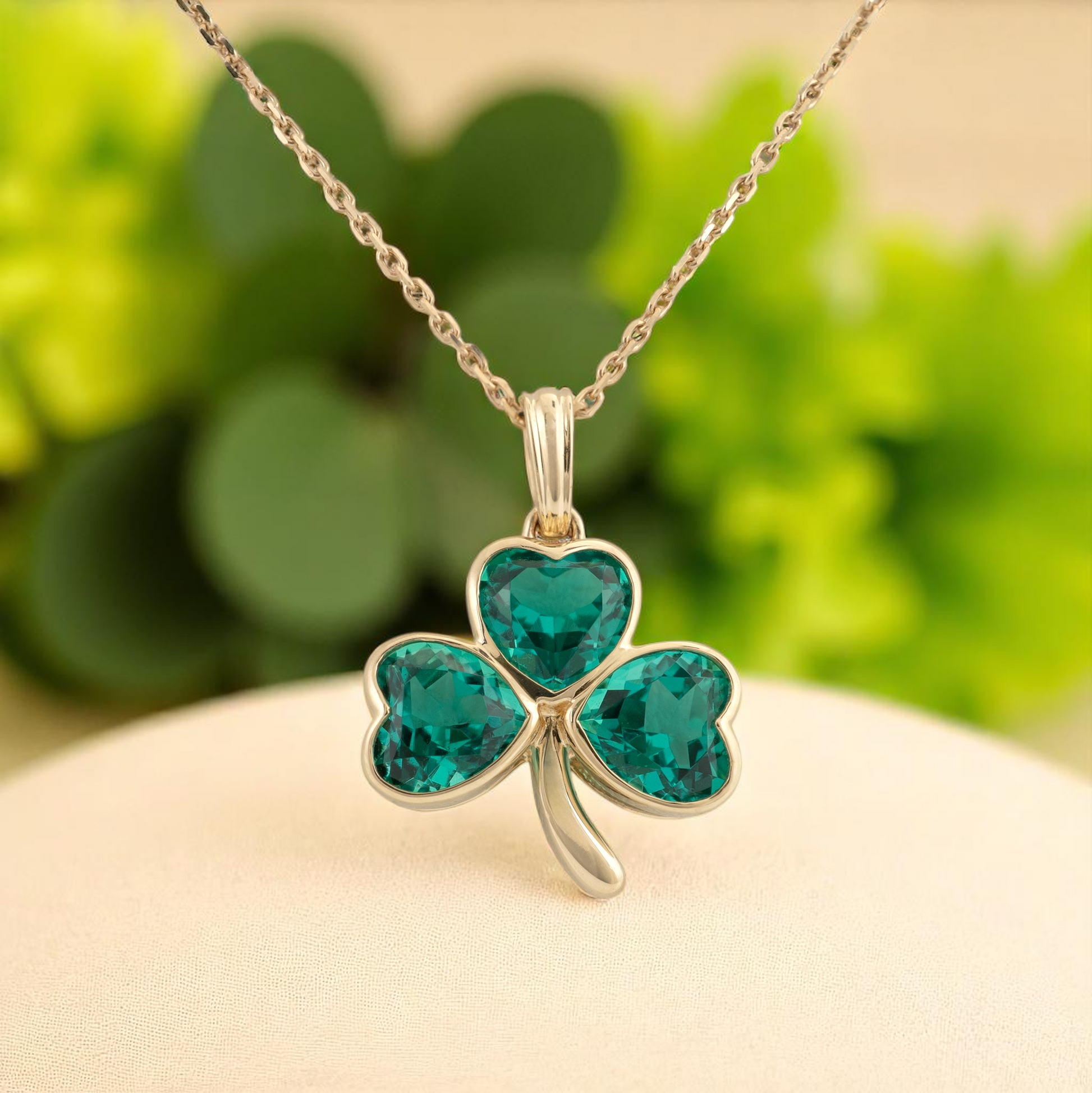 Shamrock pendant in yellow gold styled with green background