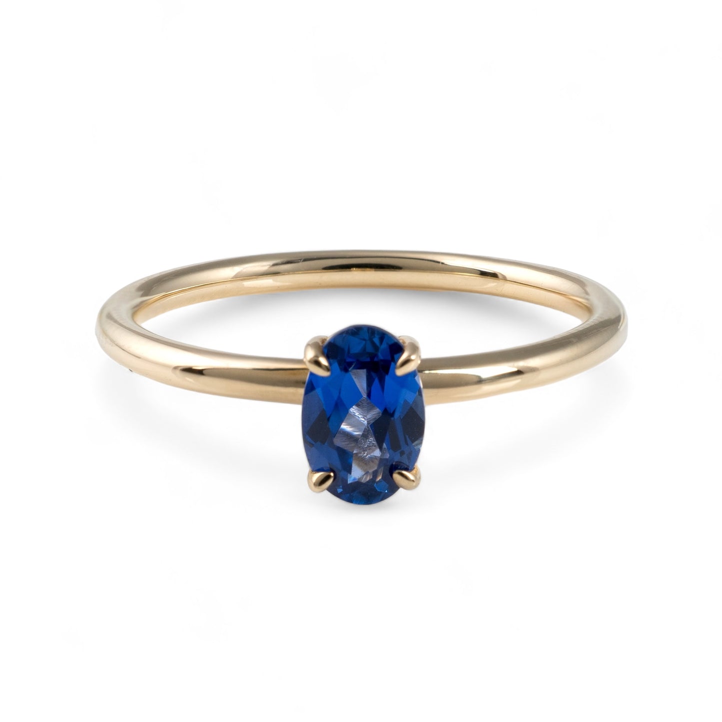 Lab sapphire solitaire ring yellow gold thin band hunters fine jewellery