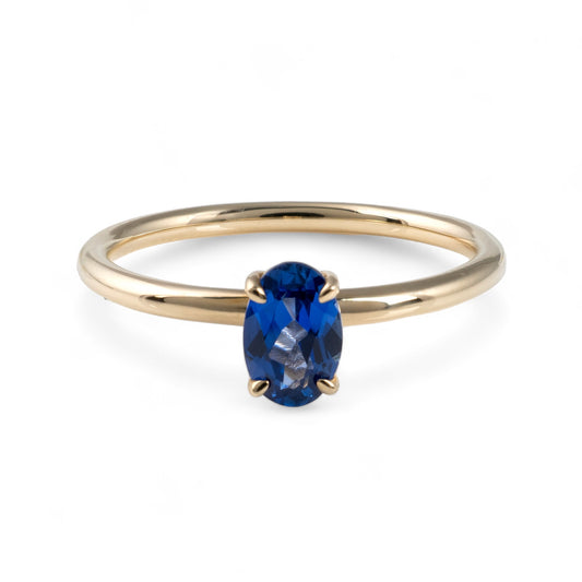 Lab sapphire solitaire ring yellow gold thin band hunters fine jewellery