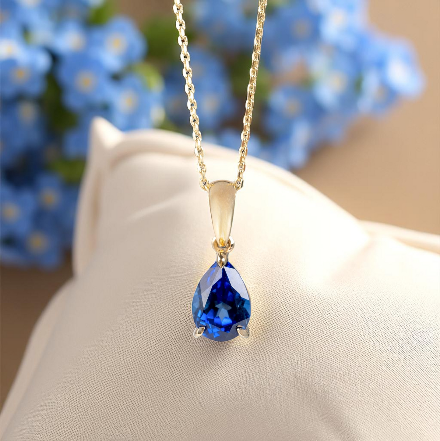 9ct gold sapphire teardrop necklace with blue flowers