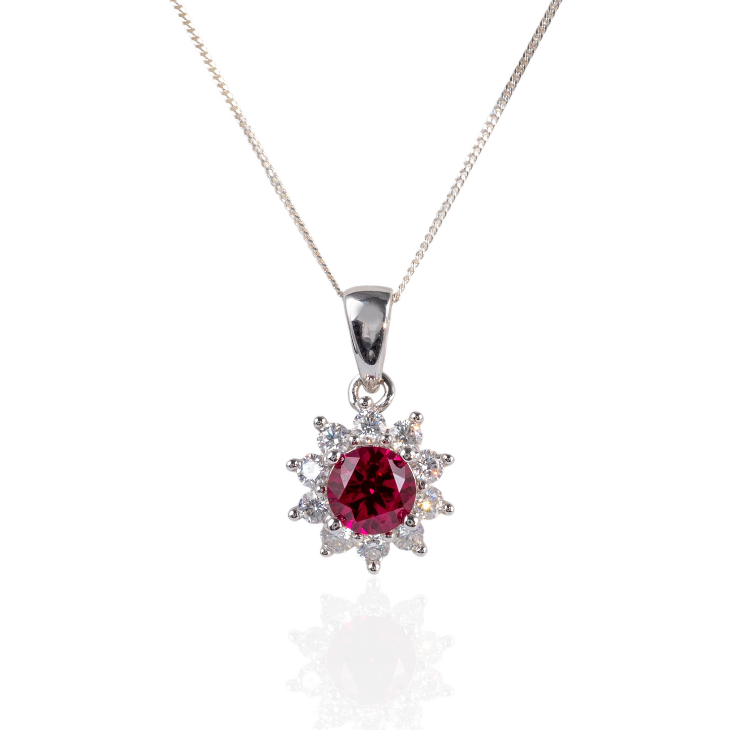 lab grown ruby pendant with moissanite halo