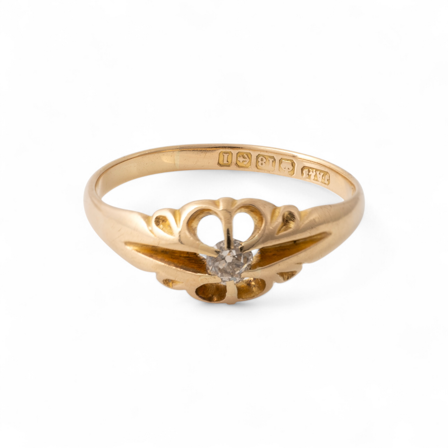 Mens antique diamond ring side view showing hallmarks and old-cut diamond by Hunters Fine Jewellery