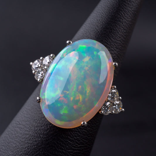Certified Opal Diamond Ring 18k White Gold Hallmarked