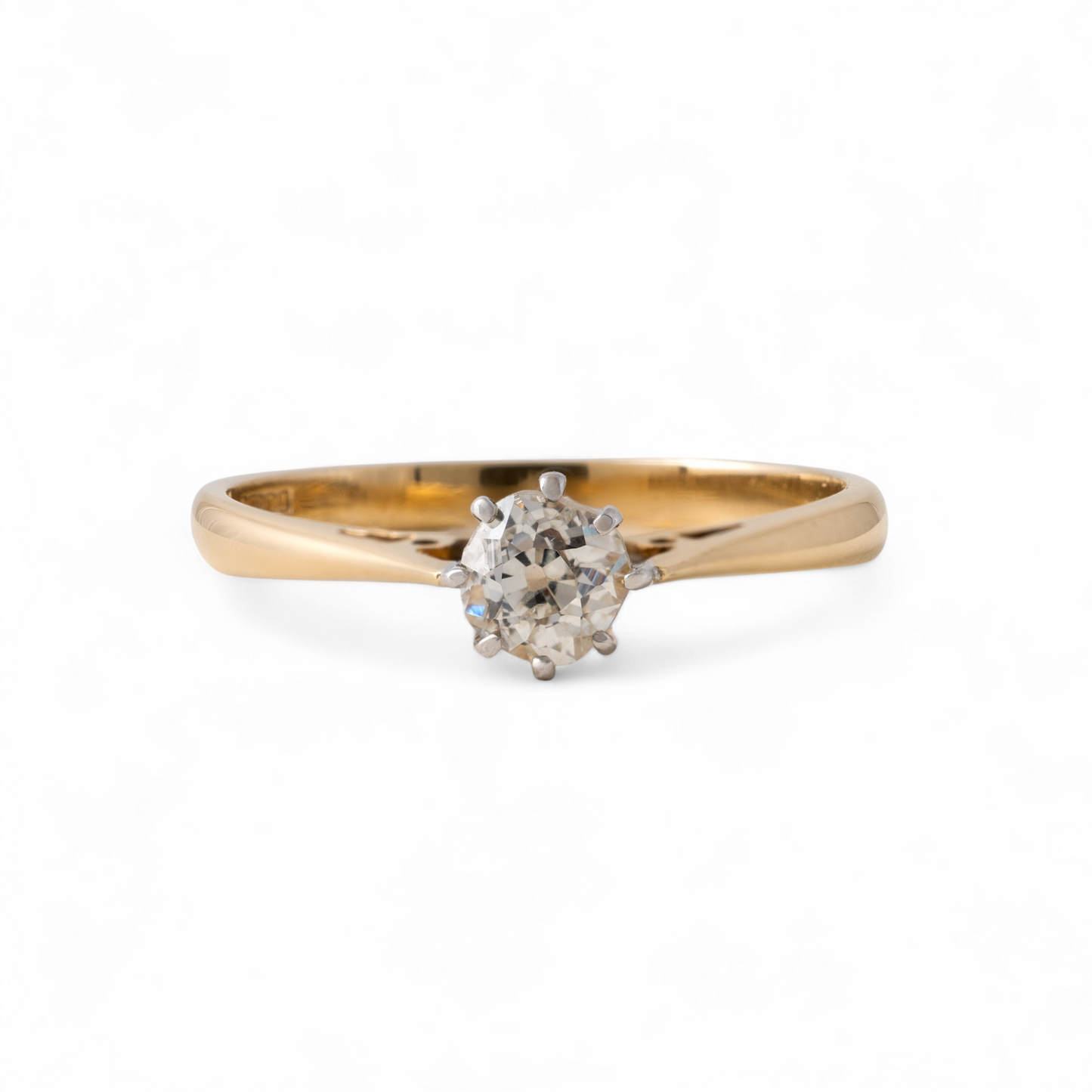 Old cut diamond ring in 9ct yellow gold – vintage European cut design front view white background