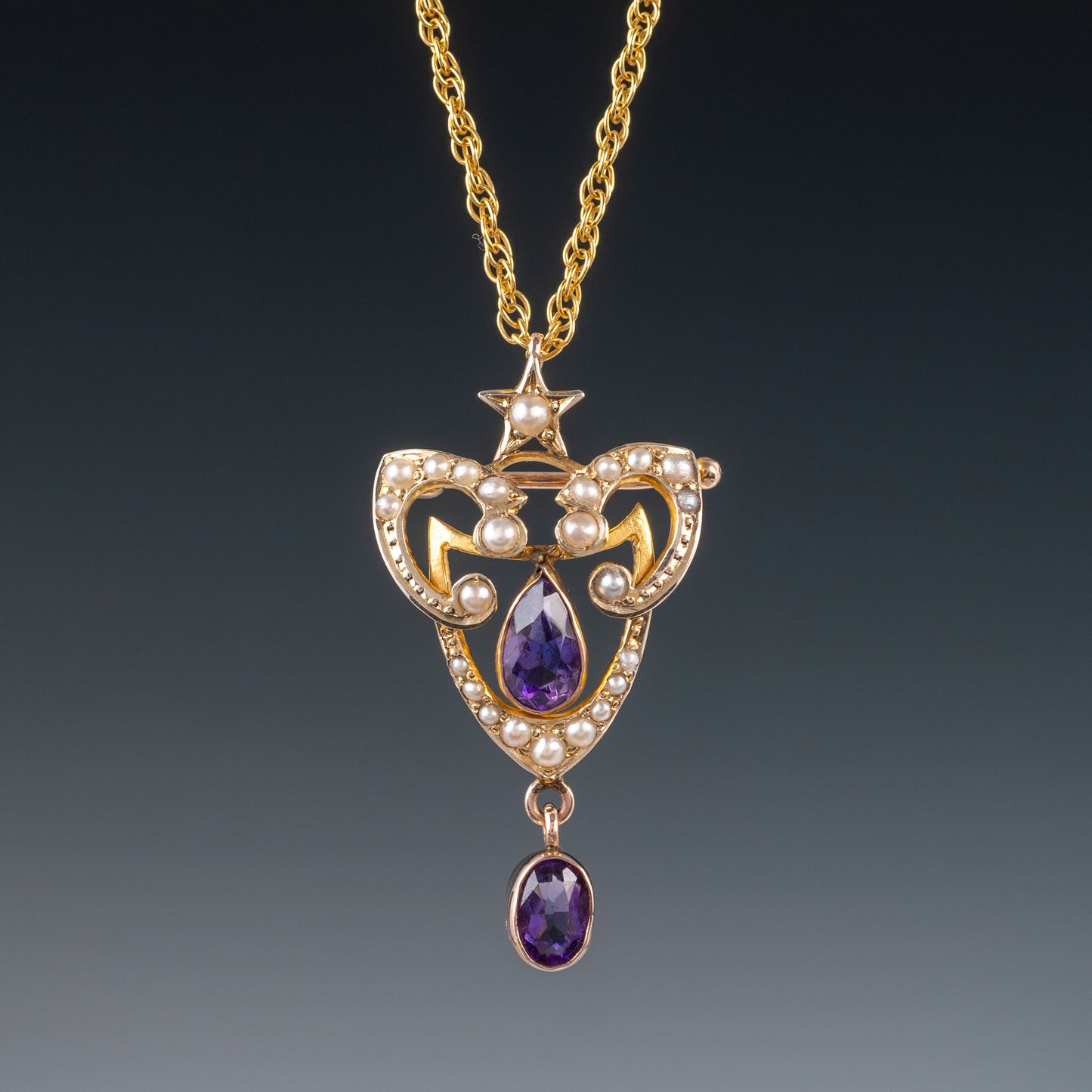 Antique 9ct Gold Amethyst & Pearl Pendant Brooch - Hunters Fine Jewellery