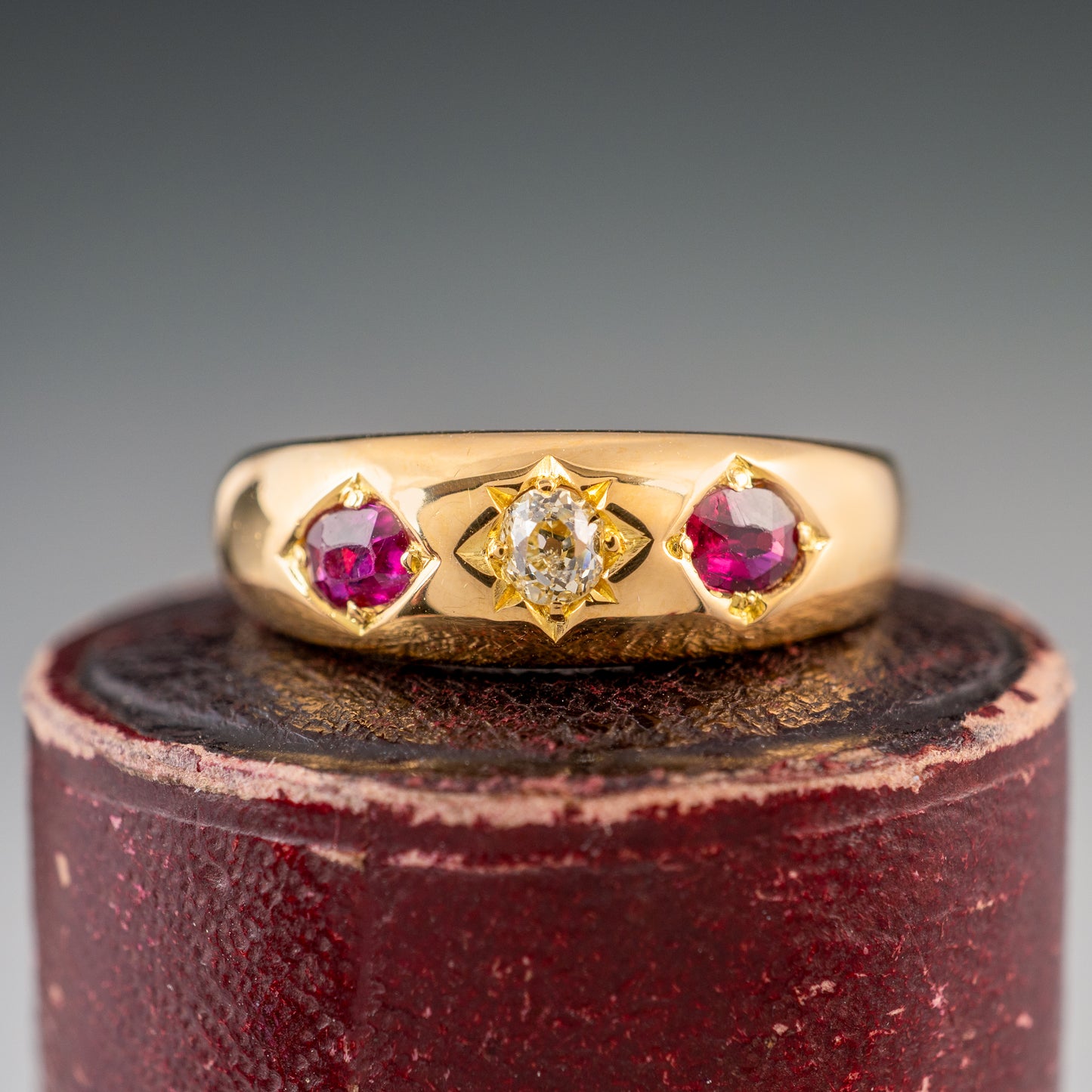 18ct Gold Mine Cut Diamond Ruby Three Stone Gypsy Ring Dated 1890 - Hunters Fine Jewellery